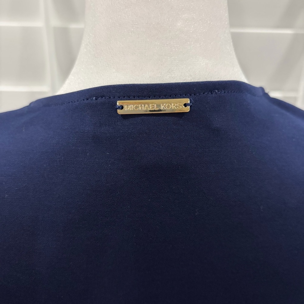 Michael Kors Lace Up Bell Sleeve Stretch Cocktail Dress in True Navy (M) - Picture 7 of 9